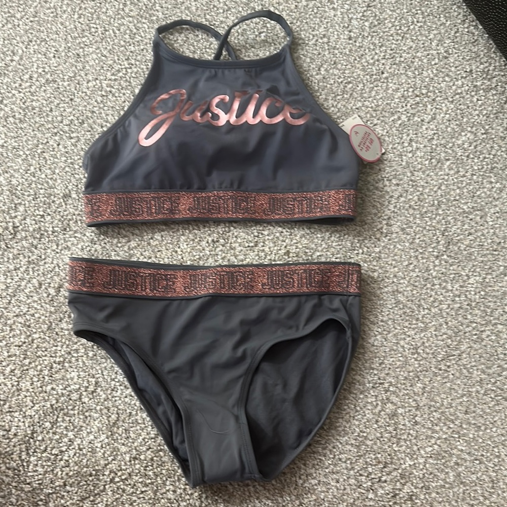 Justice Gray Athletic Bikini Set Metallic Glitter pink  Size Young 18